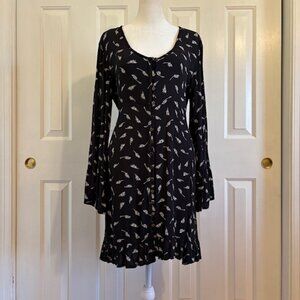 Billabong Today's End Floral Black/White Ruffle Hem & Long Sleeve Mini Dress Med